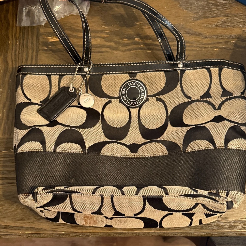 Coach Khaki and Black Signature Canvas Tote